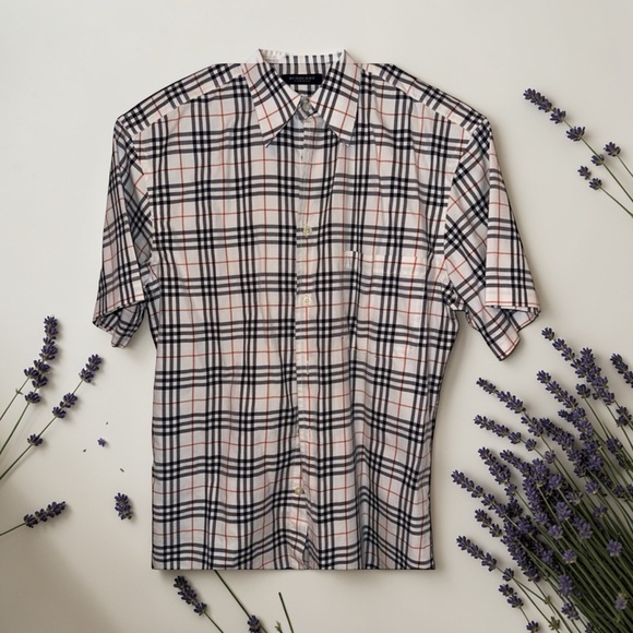 Burberry Men’s Short-Sleeve Plaid Button-Down Shirt in White Black & Orange str